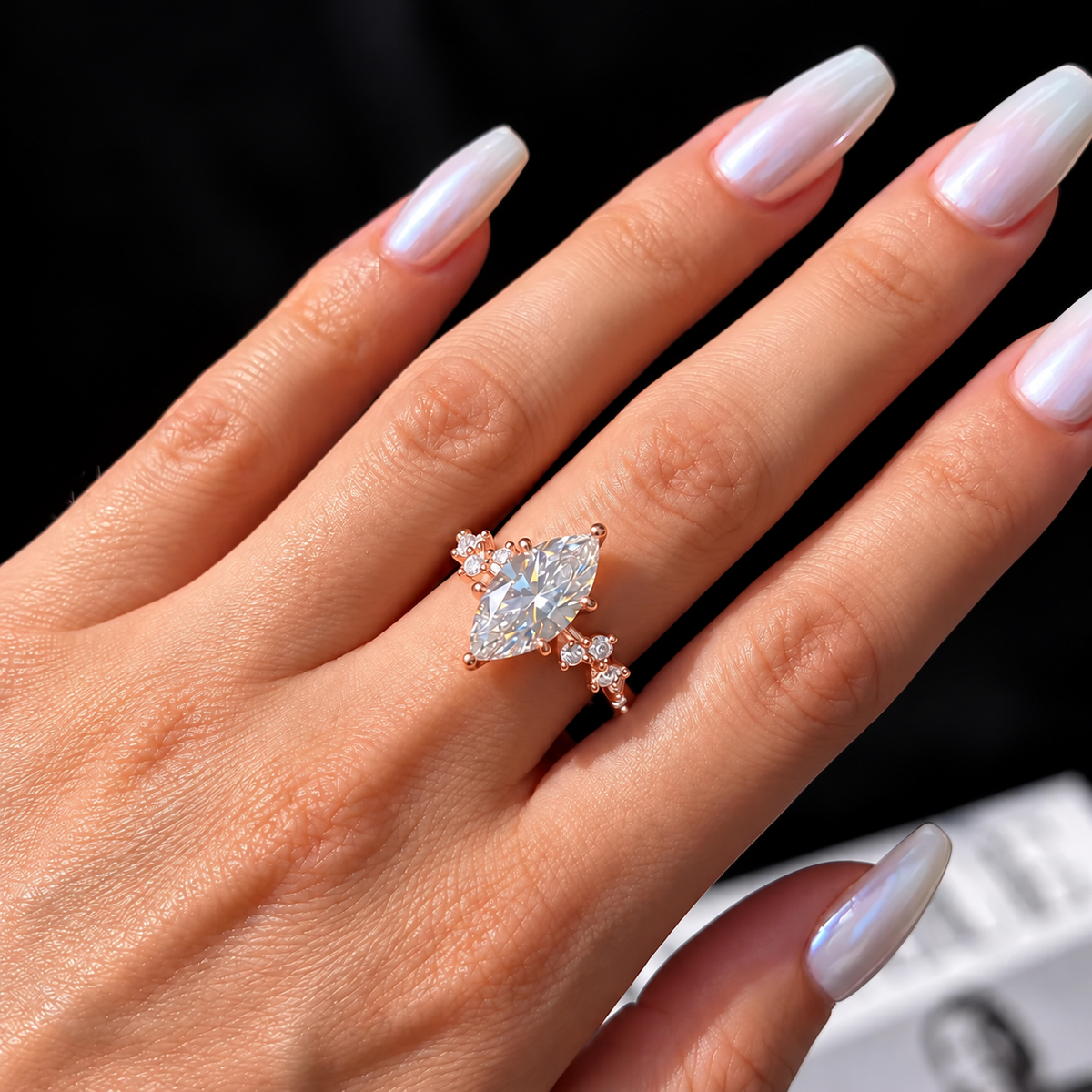 2 Carat Marquise Cut Moissanite Ring with Cluster Side Stones