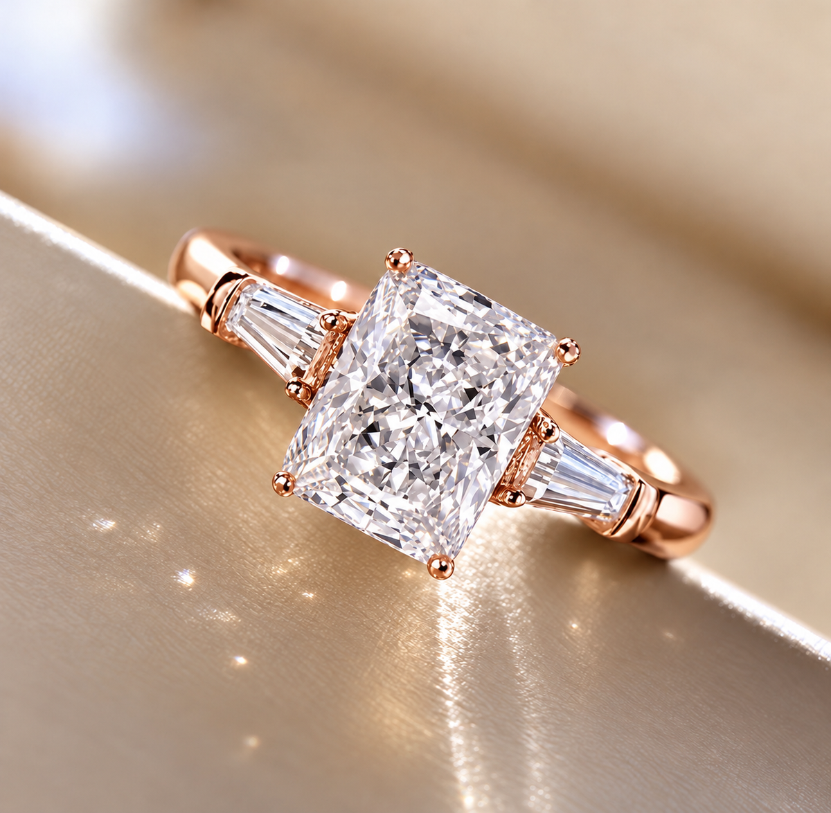2 Carat Radiant Cut Moissanite Ring with Tapered Side Stones