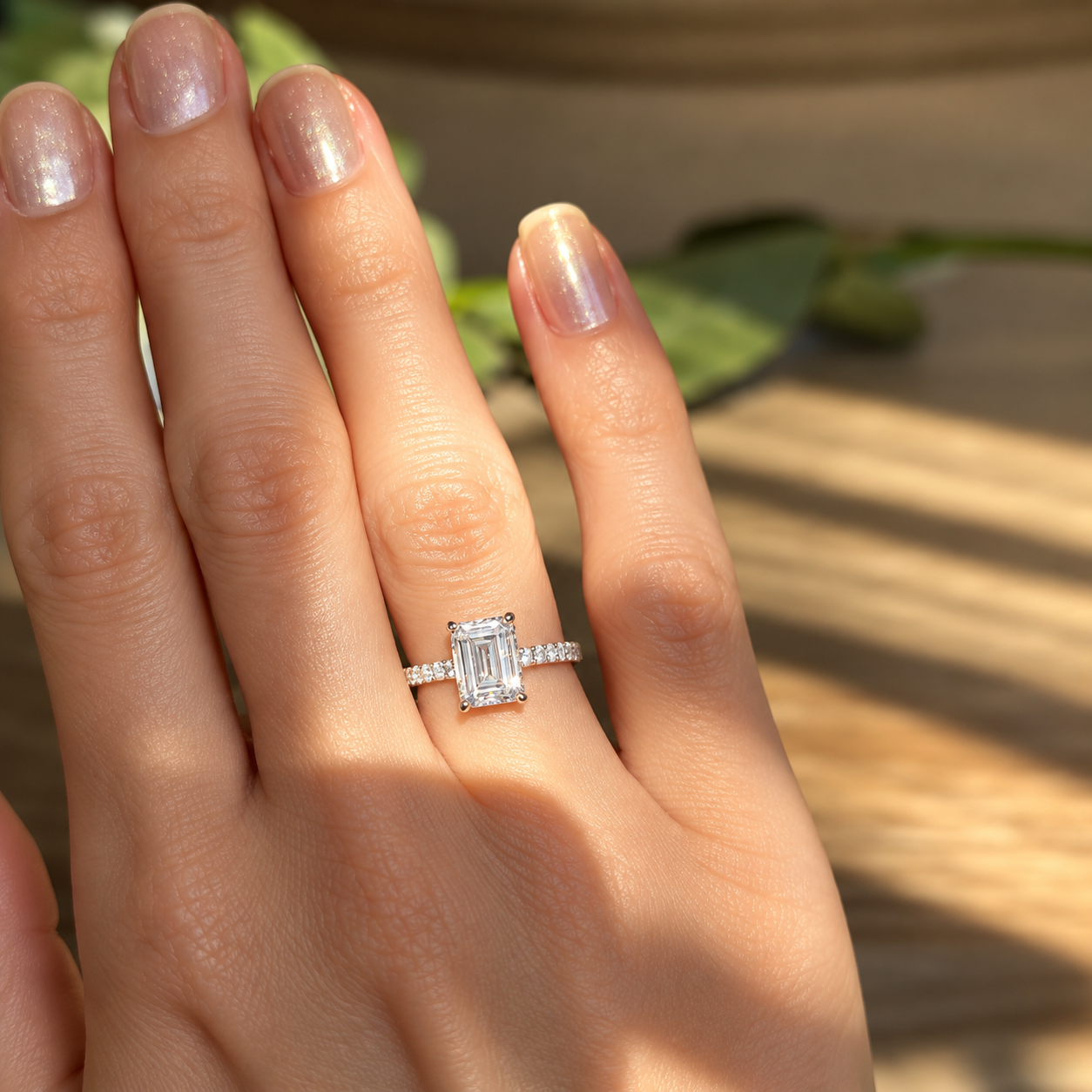 2 Carat Emerald Cut Moissanite Ring with Pavé Band