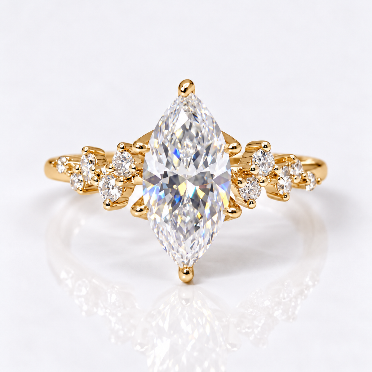 2 Carat Marquise Cut Moissanite Ring with Cluster Side Stones