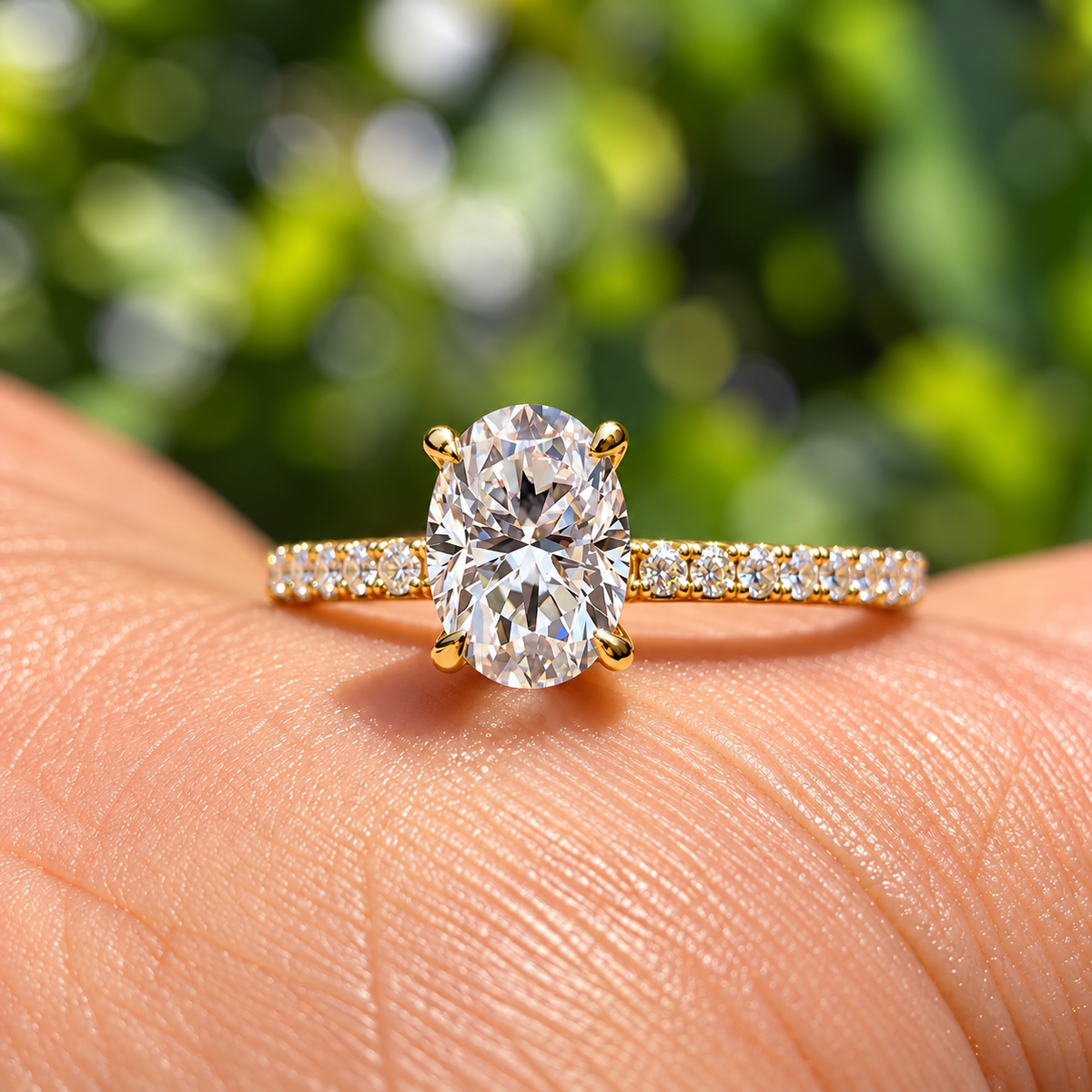 2 Carat Oval Cut Moissanite Ring with Pavé Band