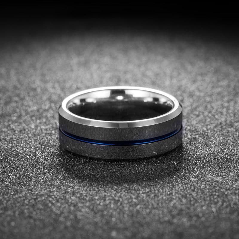 Men's Silver and Blue Tungsten Wedding Ring