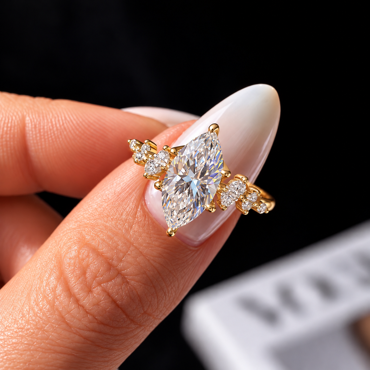 2 Carat Marquise Cut Moissanite Ring with Cluster Side Stones