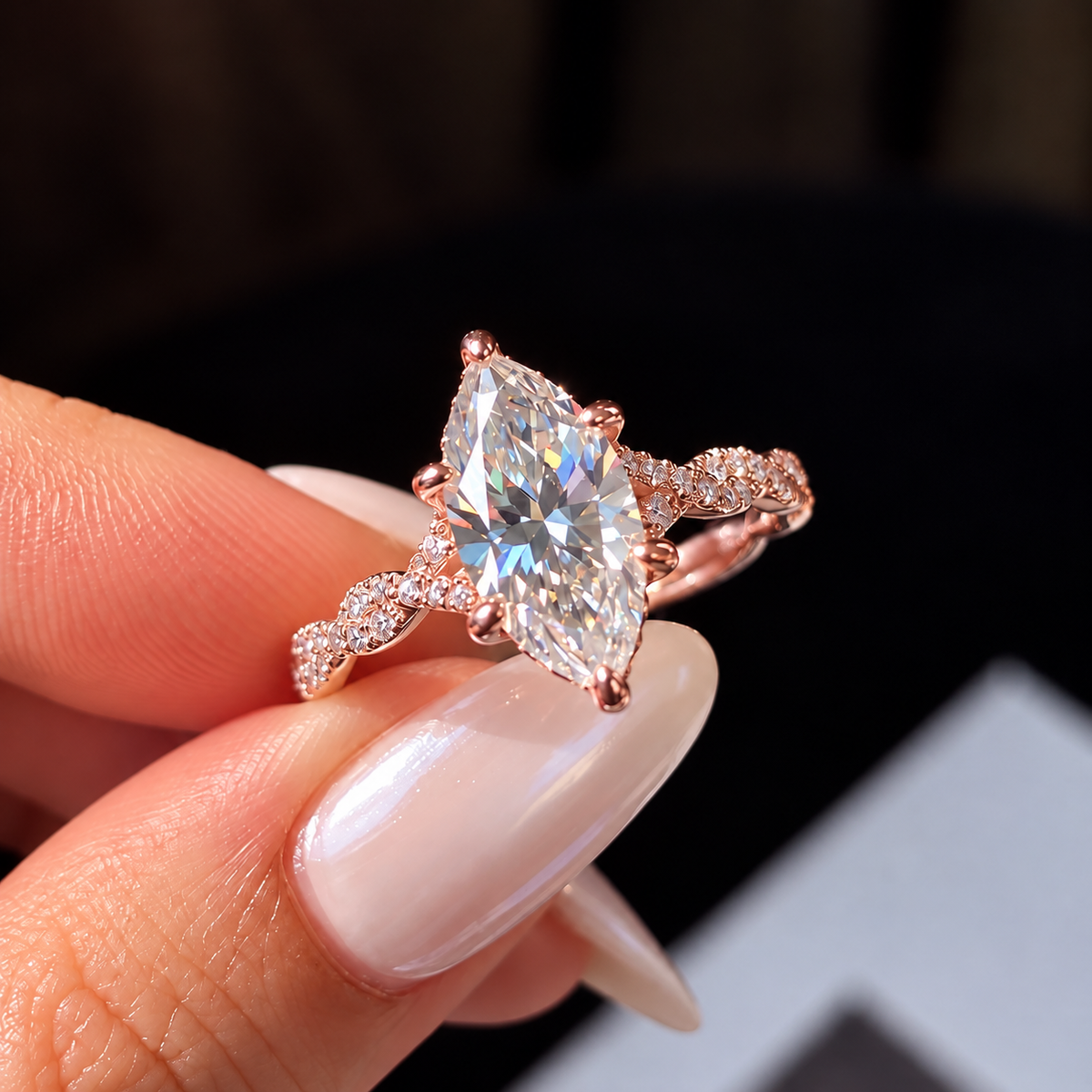 2 Carat Marquise Cut Moissanite Ring with Woven Intertwined Band