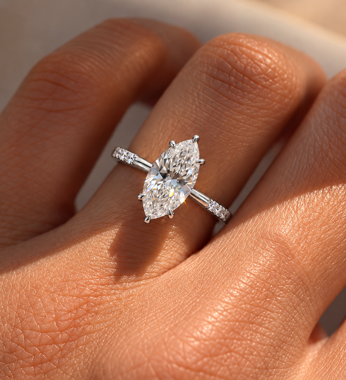2 Carat Marquise Cut Moissanite Ring with Three Side Stones