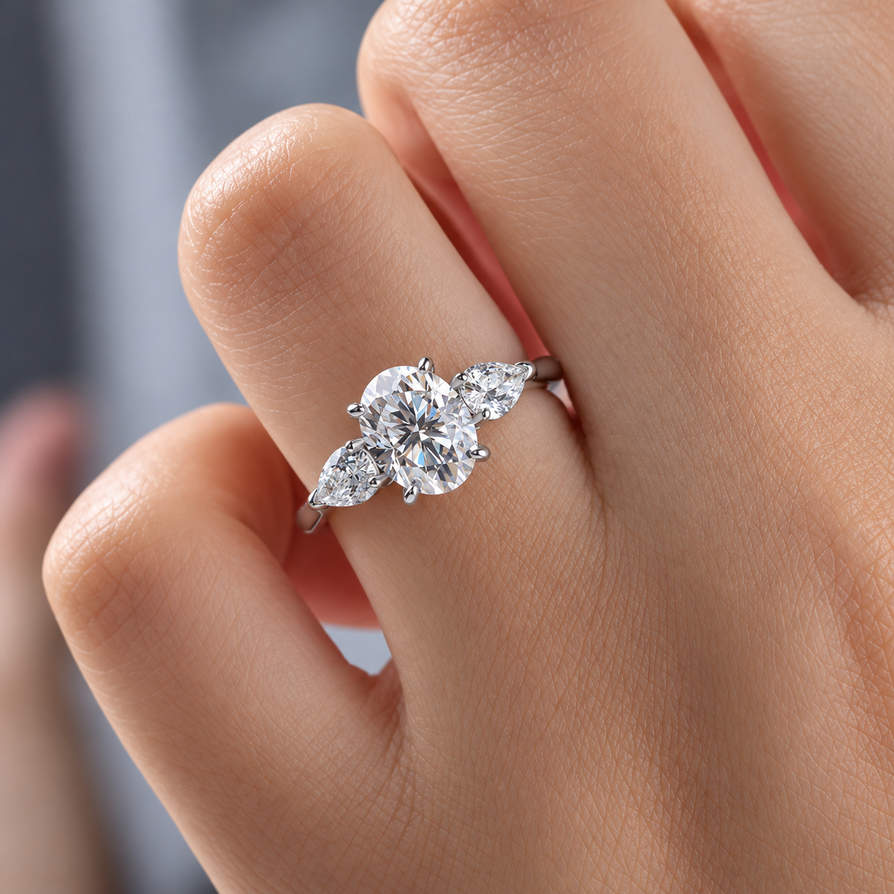 2 Carat Oval Cut Moissanite Ring with Pear Cut Side Stones