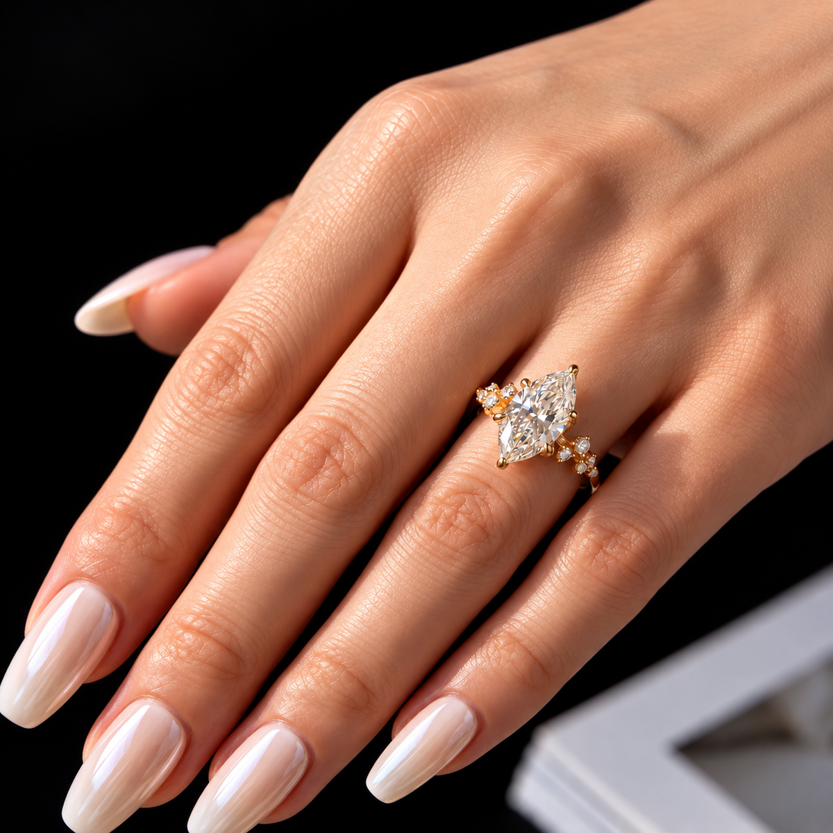 2 Carat Marquise Cut Moissanite Ring with Cluster Side Stones