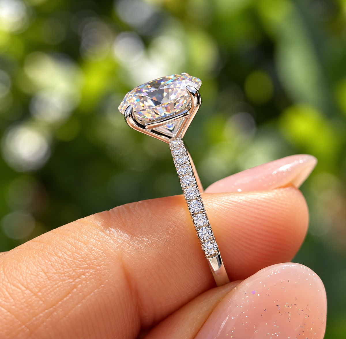 2 Carat Oval Cut Moissanite Ring with Pavé Band