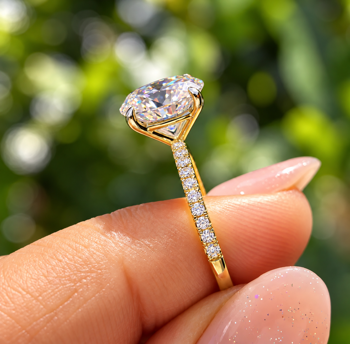 2 Carat Oval Cut Moissanite Ring with Pavé Band