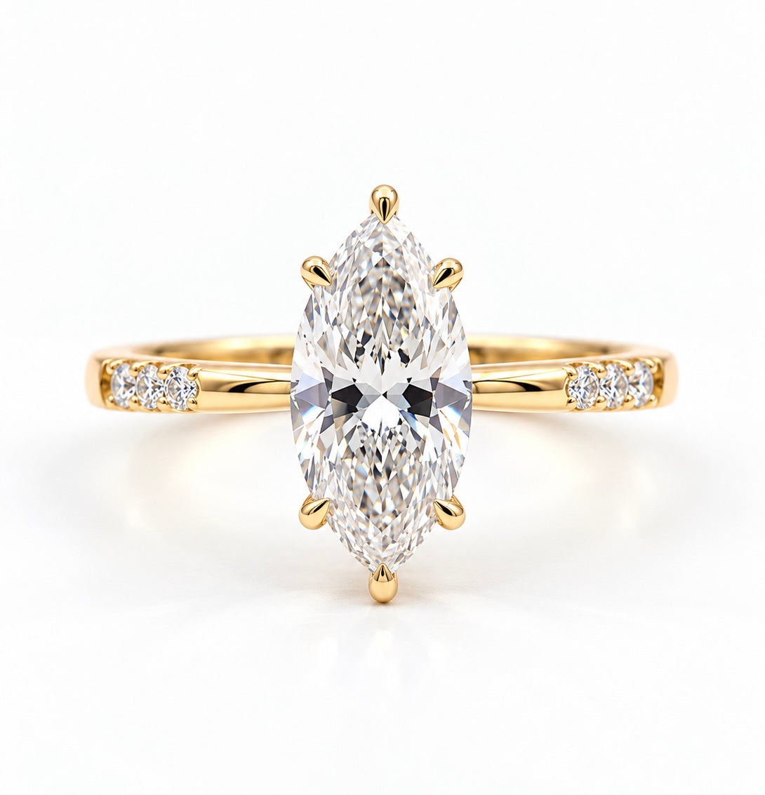 2 Carat Marquise Cut Moissanite Ring with Three Side Stones