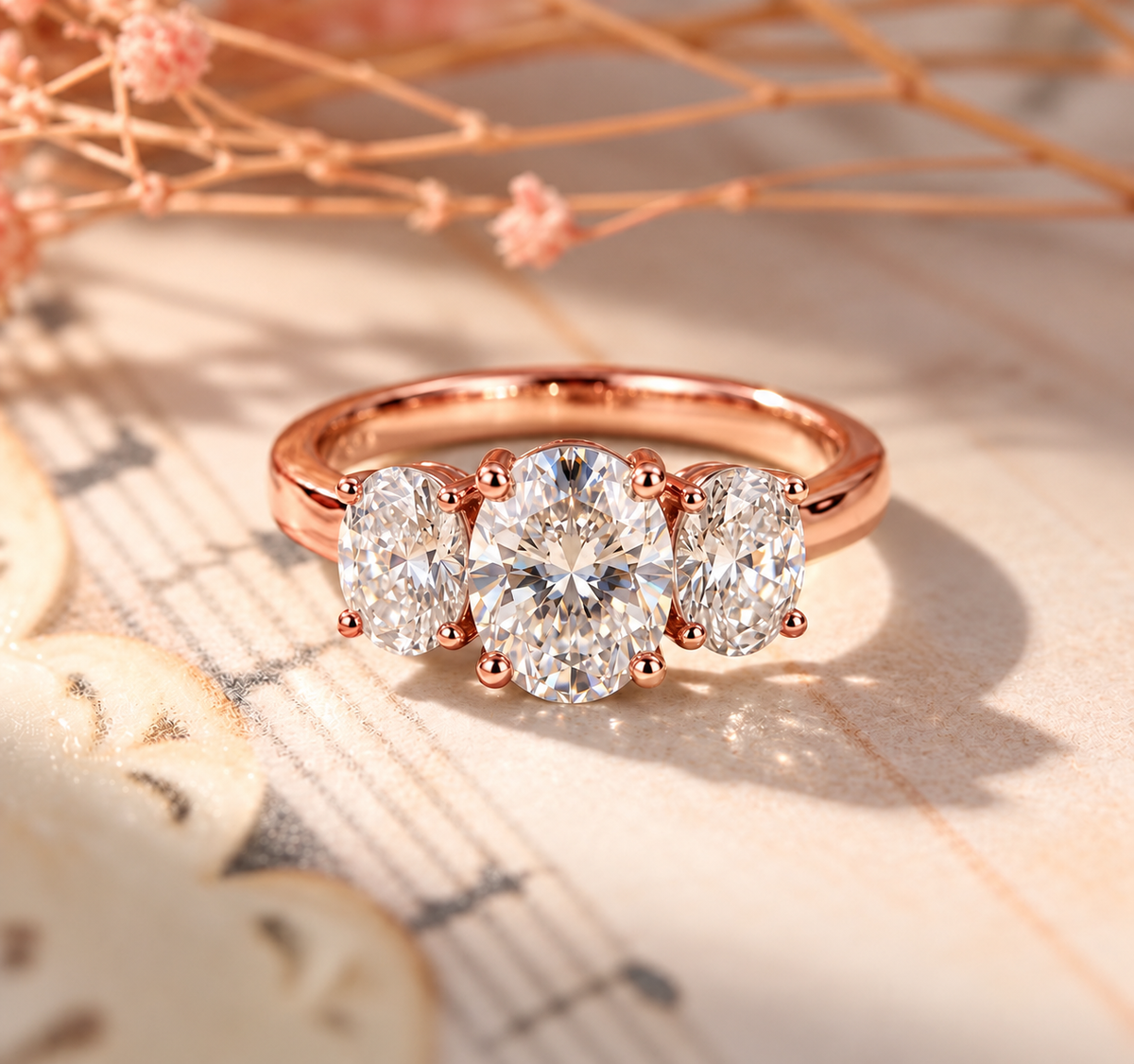 Three Stone Oval Cut Moissanite Ring