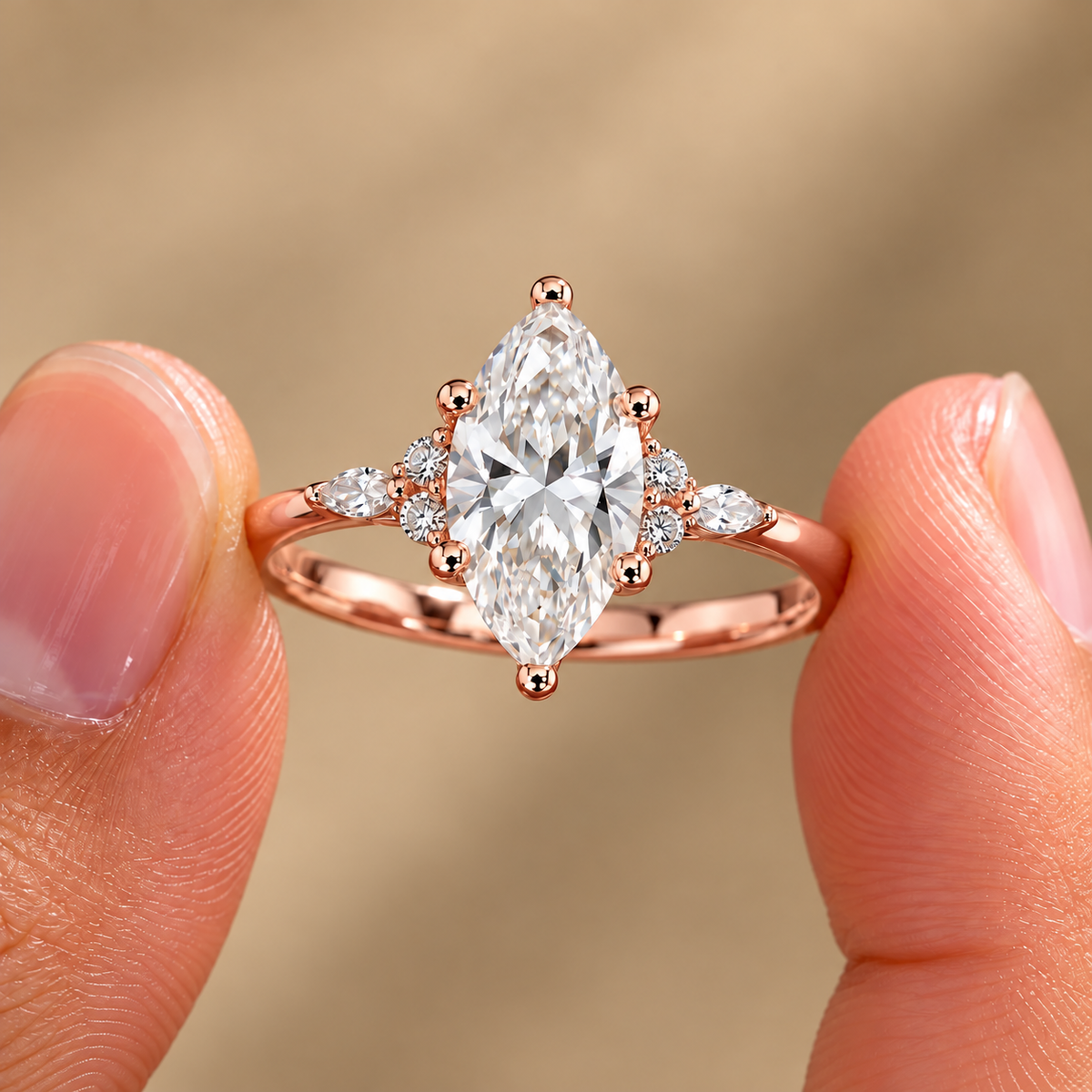 2 Carat Marquise Cut Moissanite Ring with Side Stones