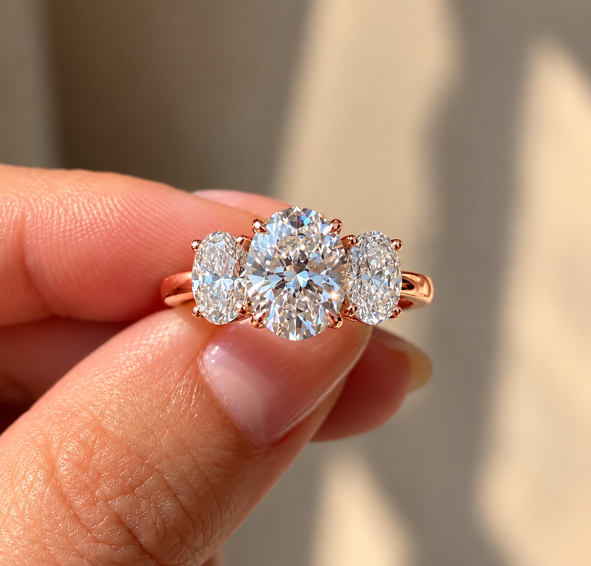 Three Stone Oval Cut Moissanite Ring