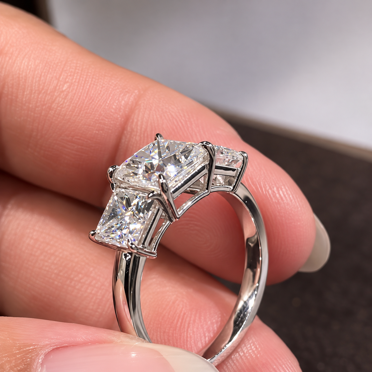 Three Stone Princess Cut Moissanite Ring