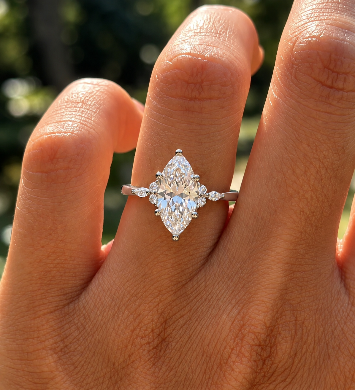 2 Carat Marquise Cut Moissanite Ring with Side Stones