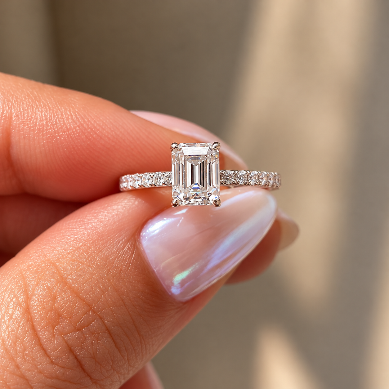 2 Carat Emerald Cut Moissanite Ring with Pavé Band