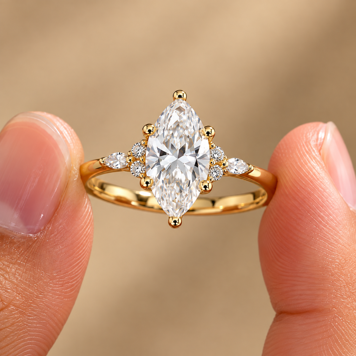 2 Carat Marquise Cut Moissanite Ring with Side Stones