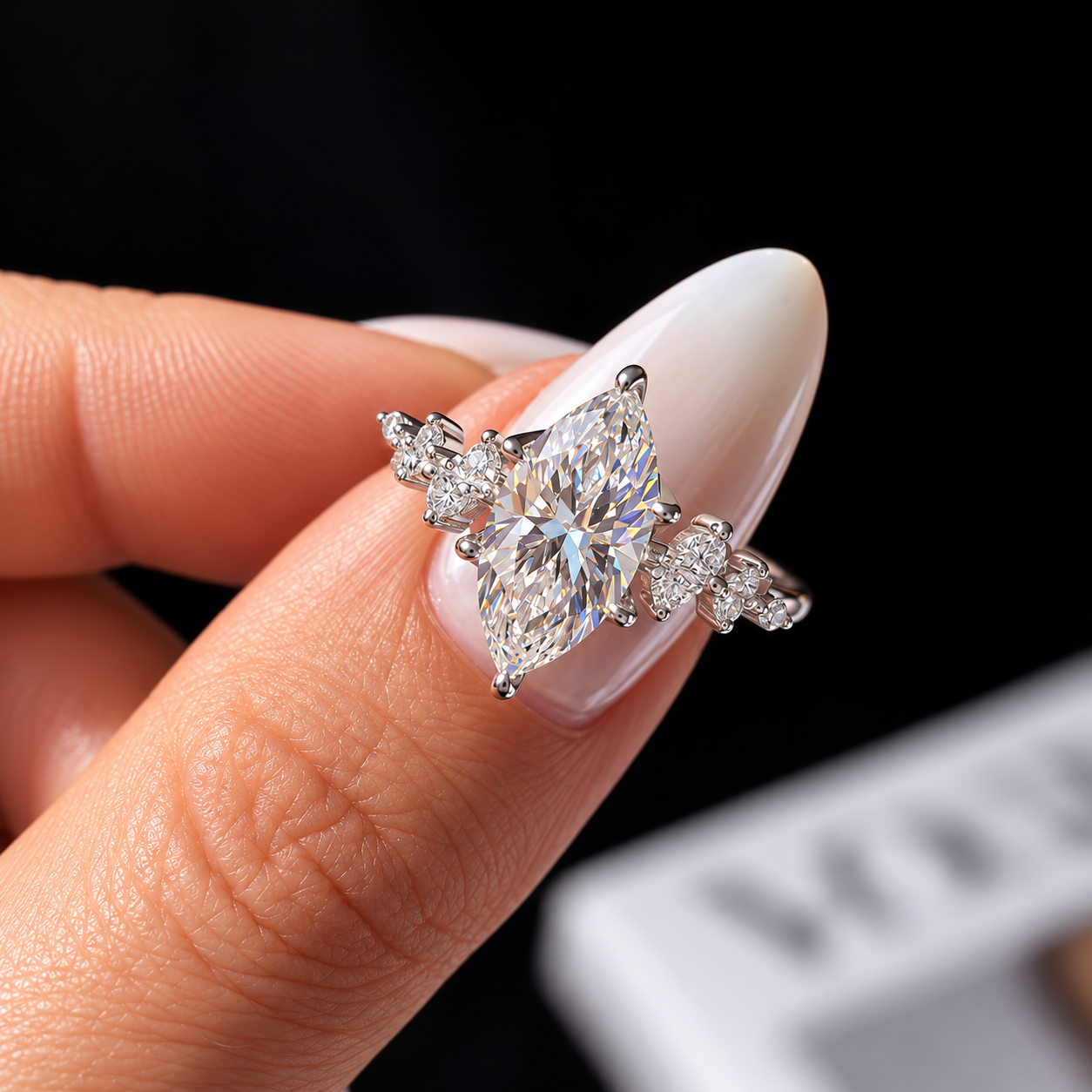 2 Carat Marquise Cut Moissanite Ring with Cluster Side Stones