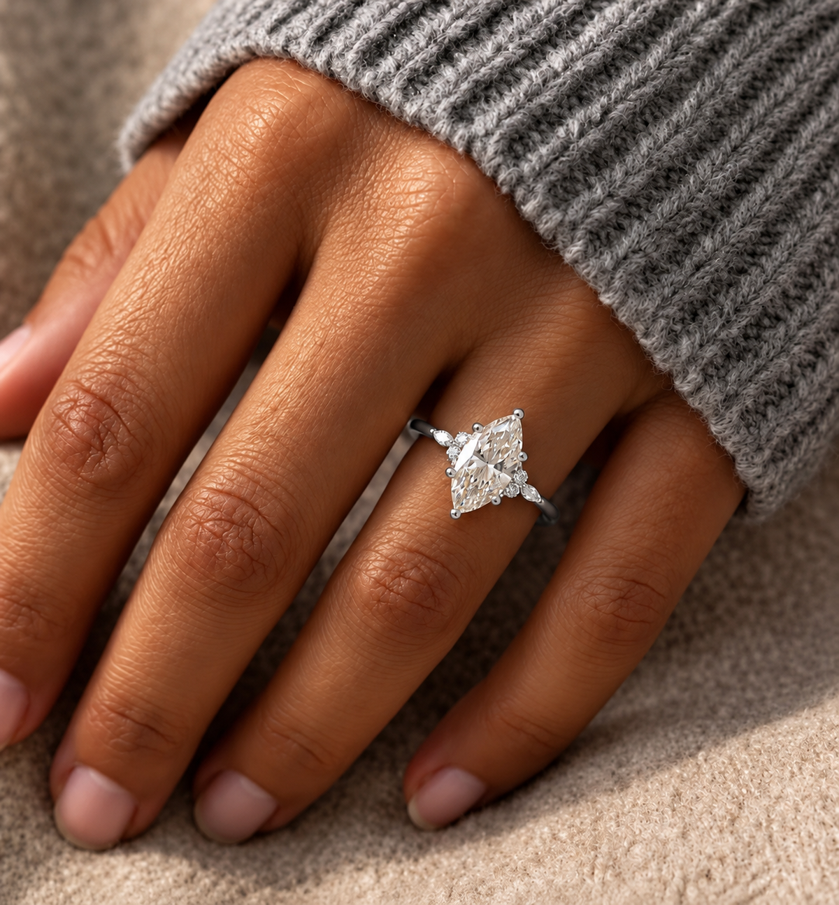 2 Carat Marquise Cut Moissanite Ring with Side Stones