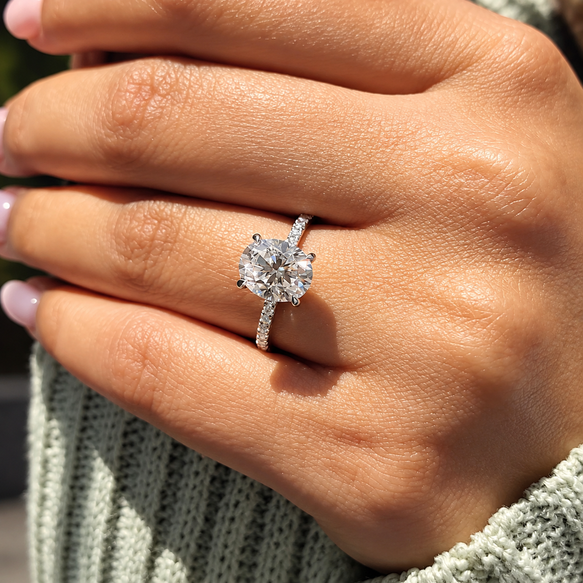 2 Carat Oval Cut Moissanite Ring with Pavé Band