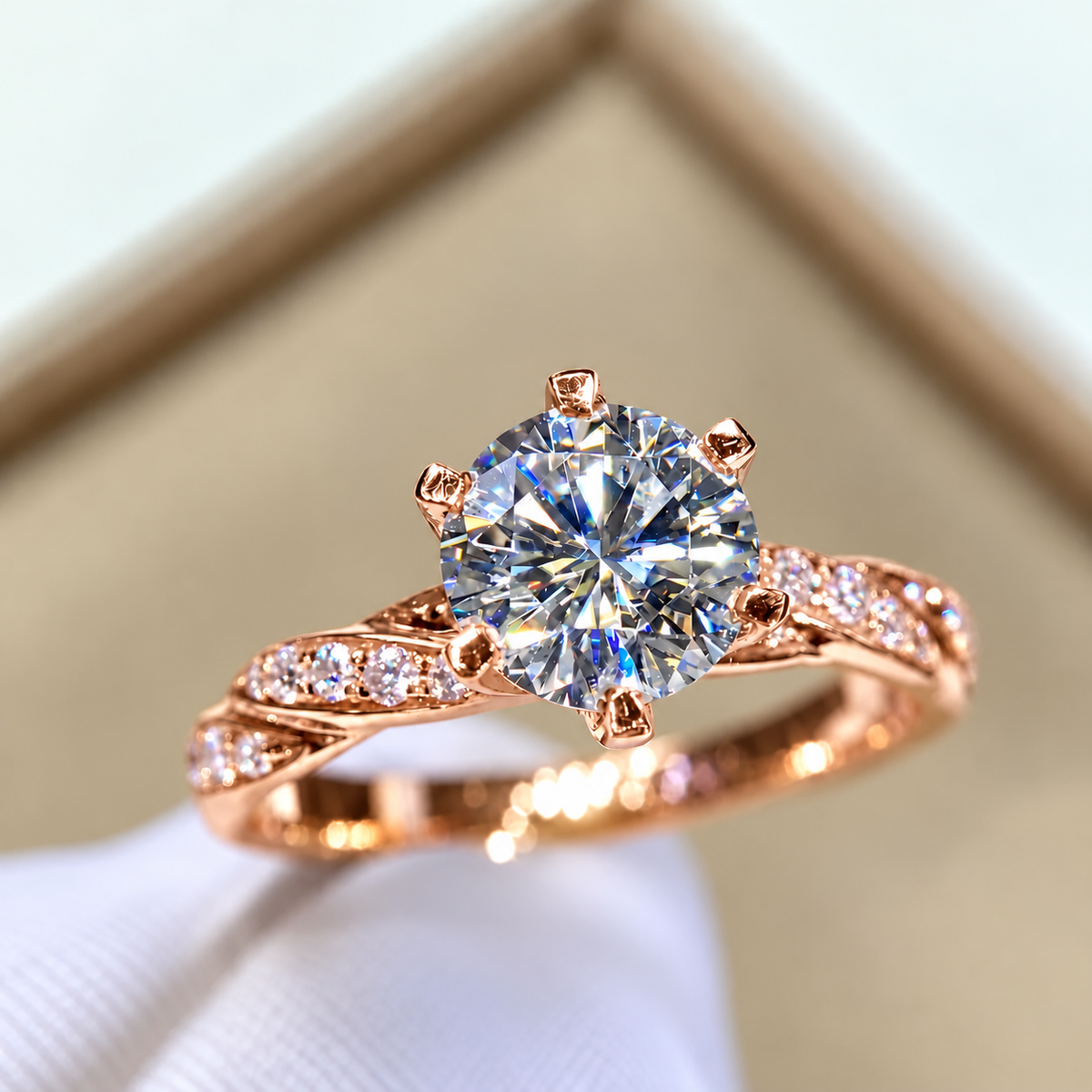 2 Carat Round Cut Moissanite Ring with Twisted Pavé Band