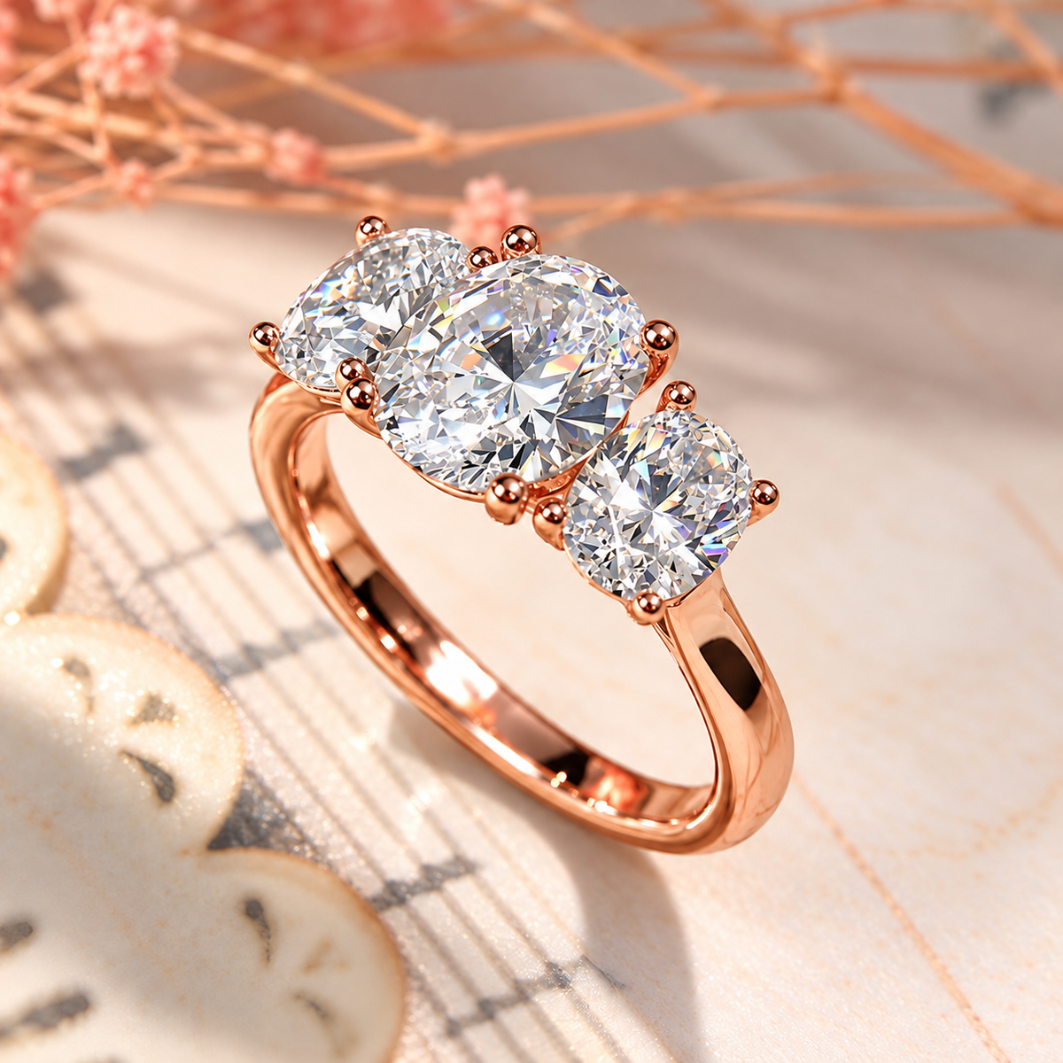 Three Stone Oval Cut Moissanite Ring