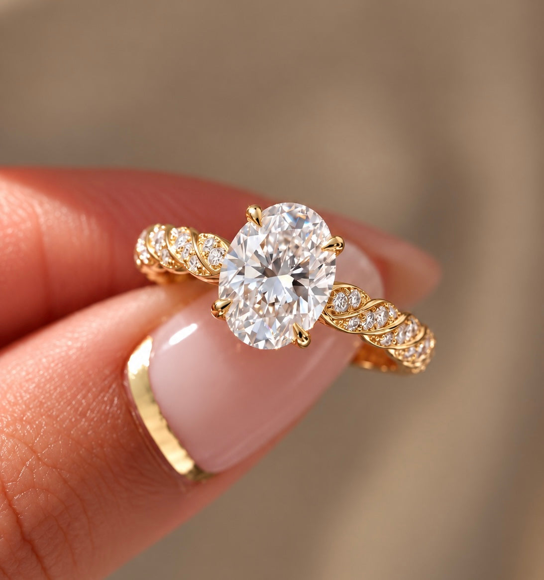 2 Carat Oval Cut Moissanite Ring with Twisted Pavé Band