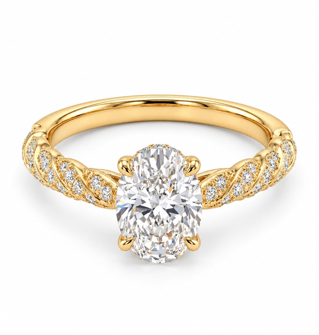 2 Carat Oval Cut Moissanite Ring with Twisted Pavé Band