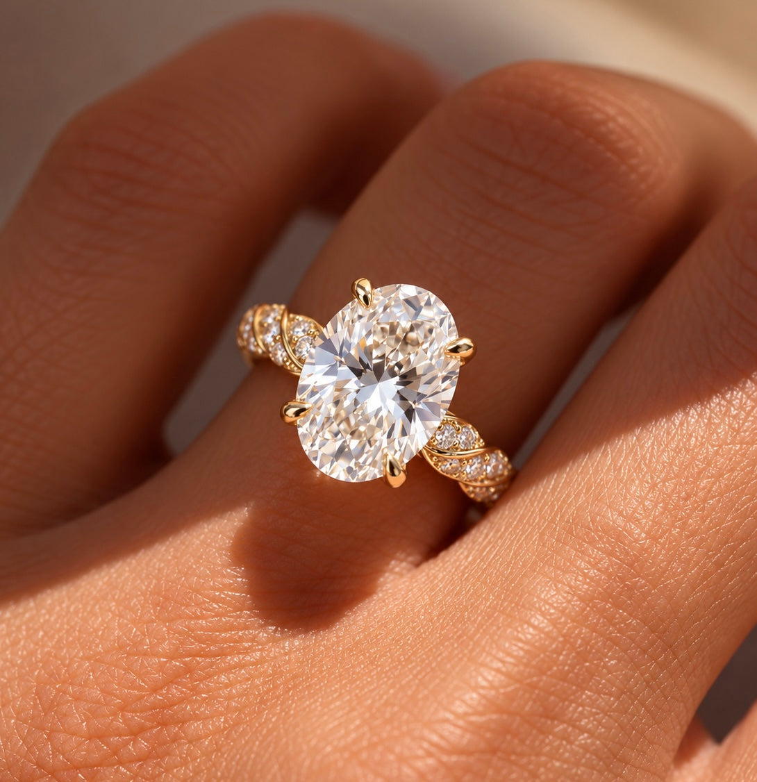 2 Carat Oval Cut Moissanite Ring with Twisted Pavé Band