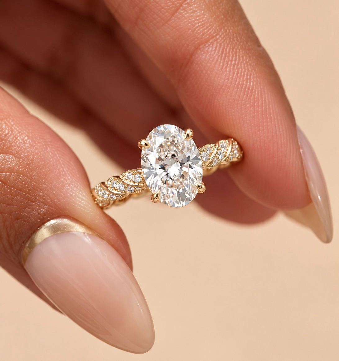 2 Carat Oval Cut Moissanite Ring with Twisted Pavé Band