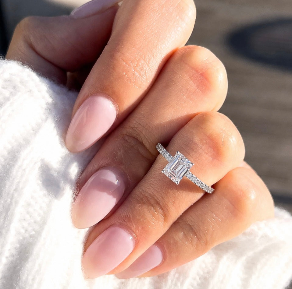 2 Carat Emerald Cut Moissanite Ring with Pavé Band