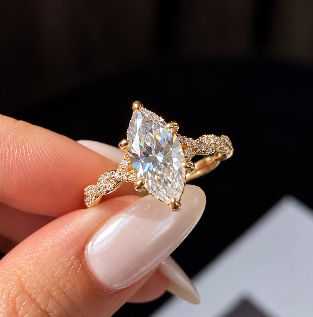 2 Carat Marquise Cut Moissanite Ring with Woven Intertwined Band