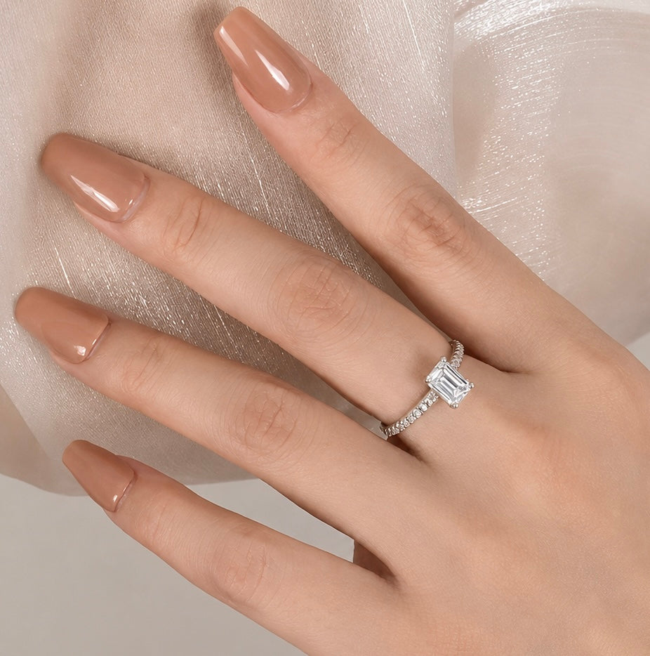 2 Carat Emerald Cut Moissanite Ring with Pavé Band