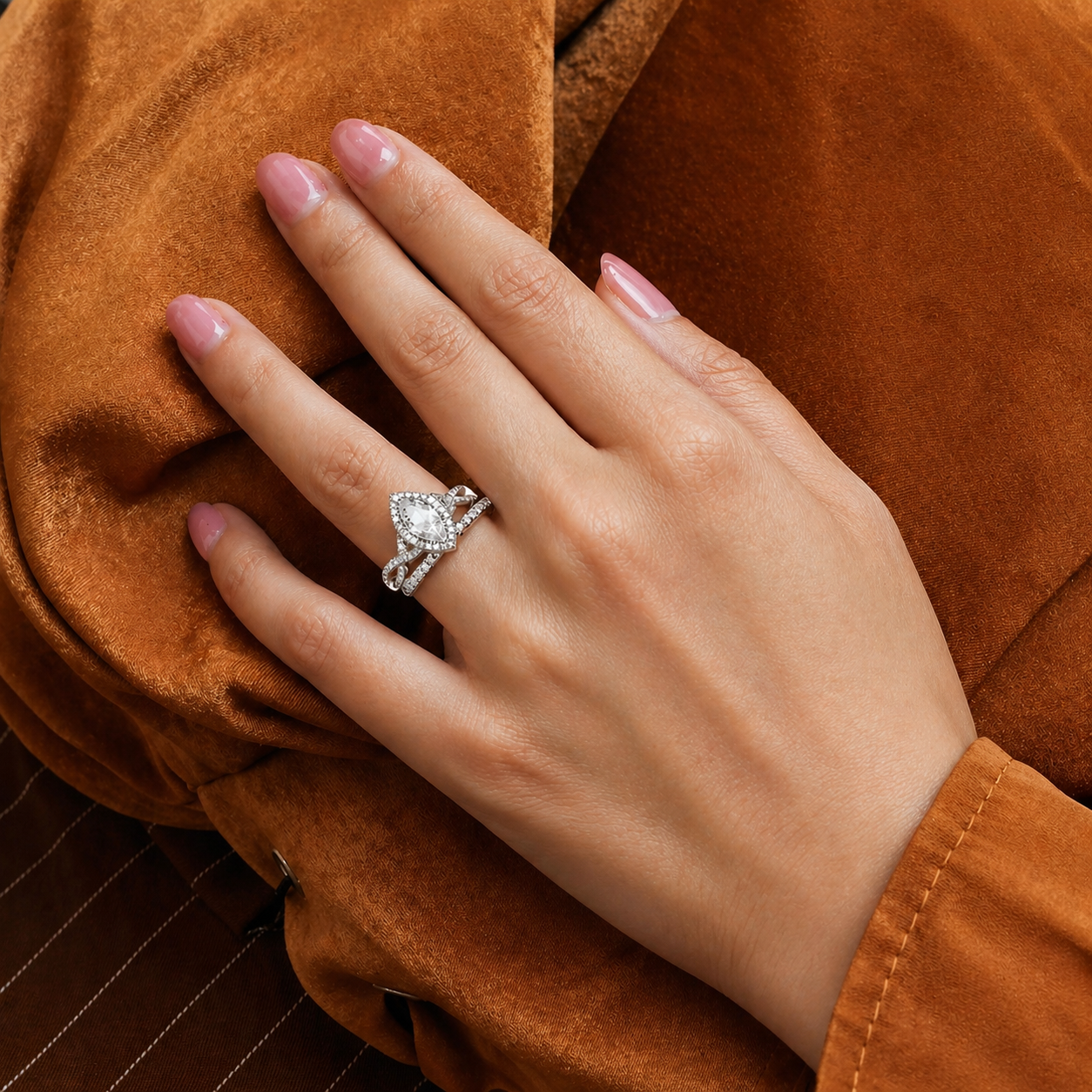 Twisted Marquise Cut Halo Moissanite Ring
