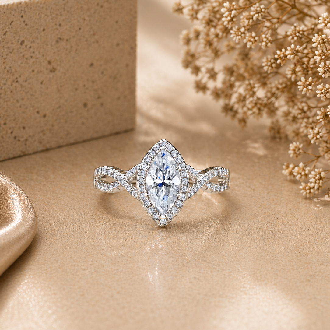 Twisted Marquise Cut Halo Moissanite Ring