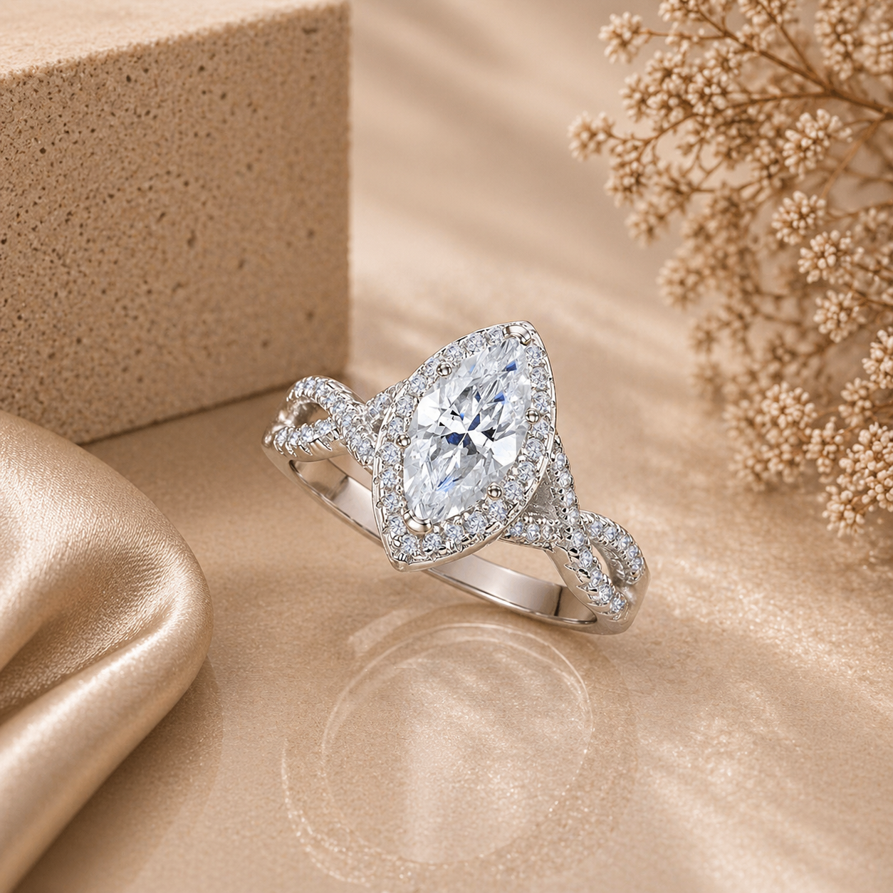 Twisted Marquise Cut Halo Moissanite Ring