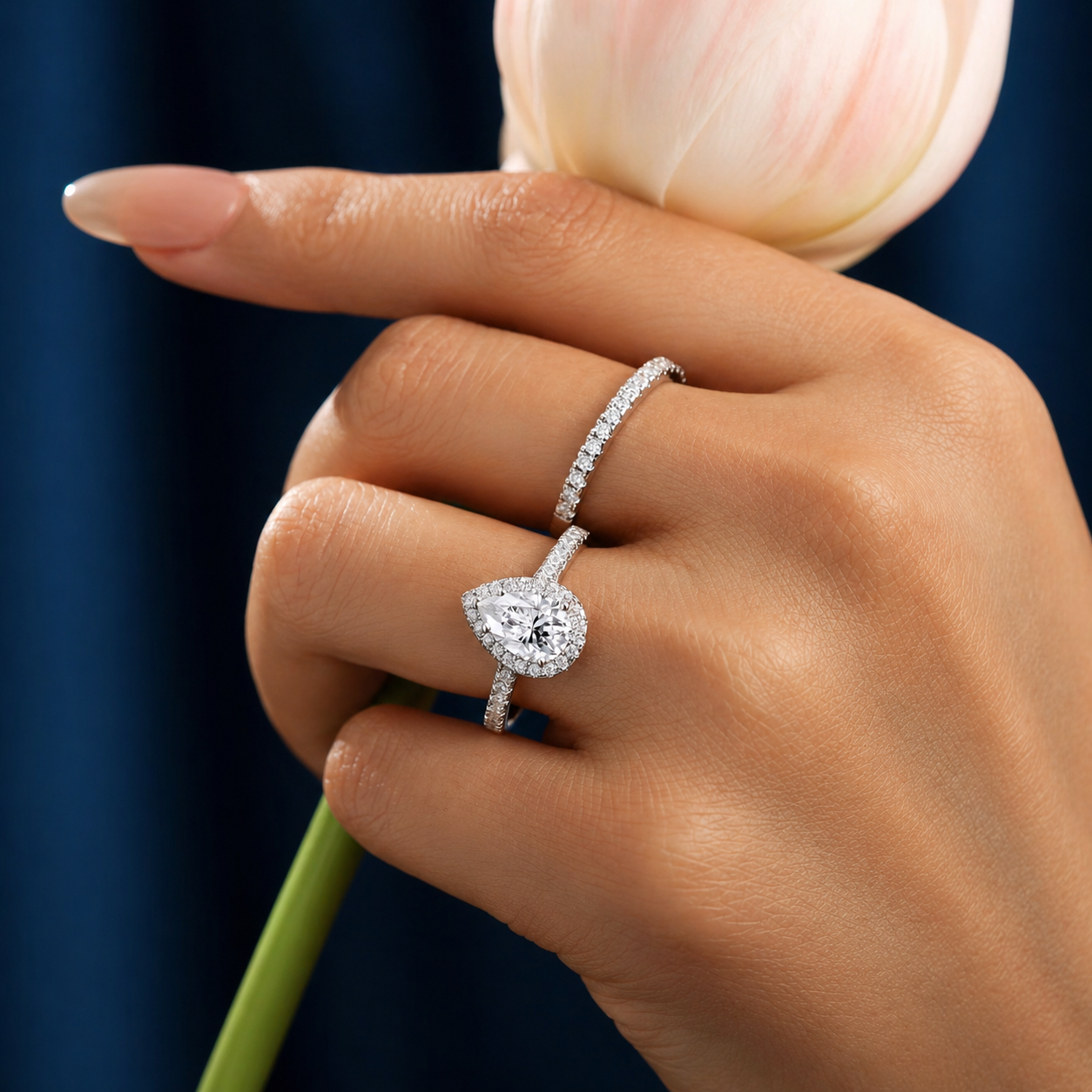 Pear Cut Halo Moissanite Ring Set