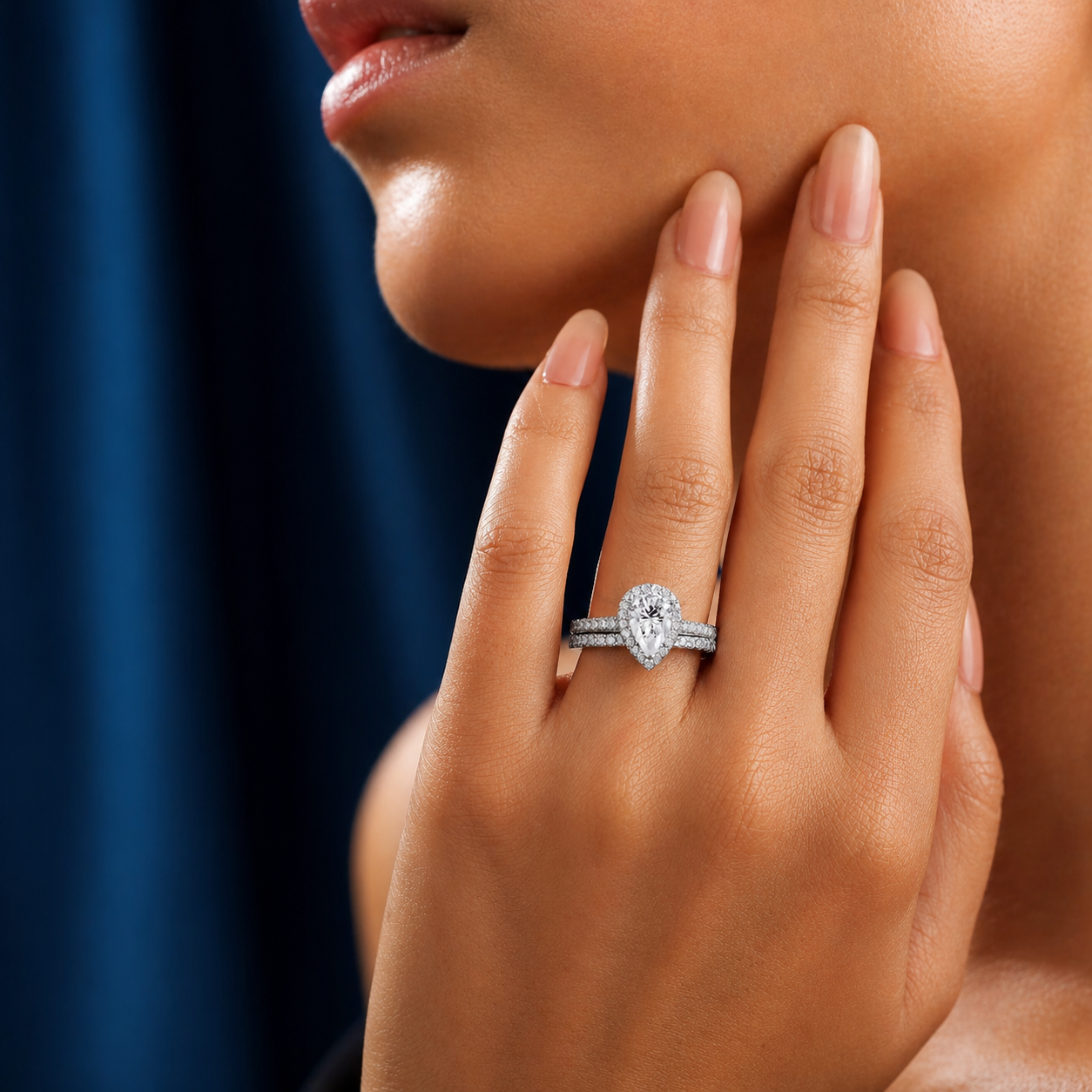 Pear Cut Halo Moissanite Ring Set