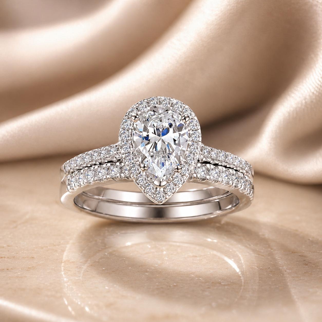 Pear Cut Halo Moissanite Ring Set