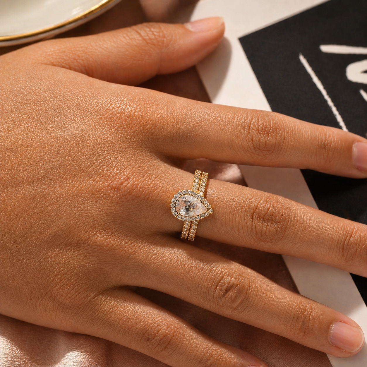 Pear Cut Halo Moissanite Ring Set