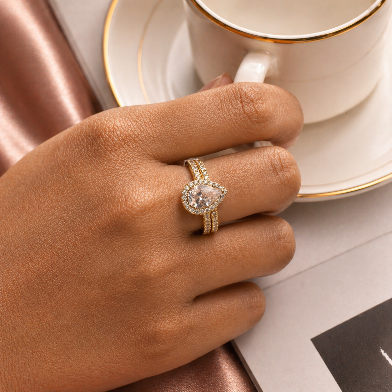 Pear Cut Halo Moissanite Ring Set