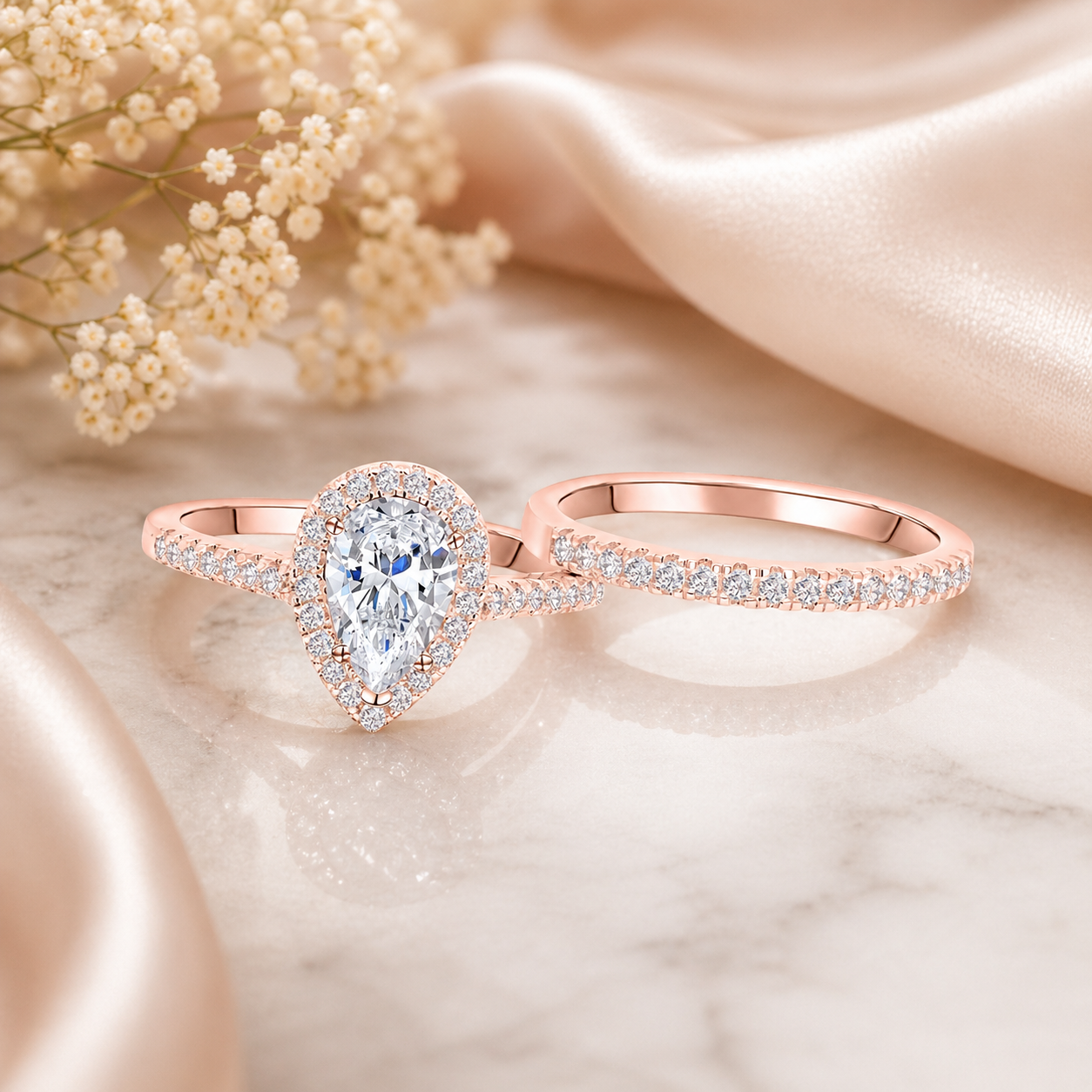 Pear Cut Halo Moissanite Ring Set