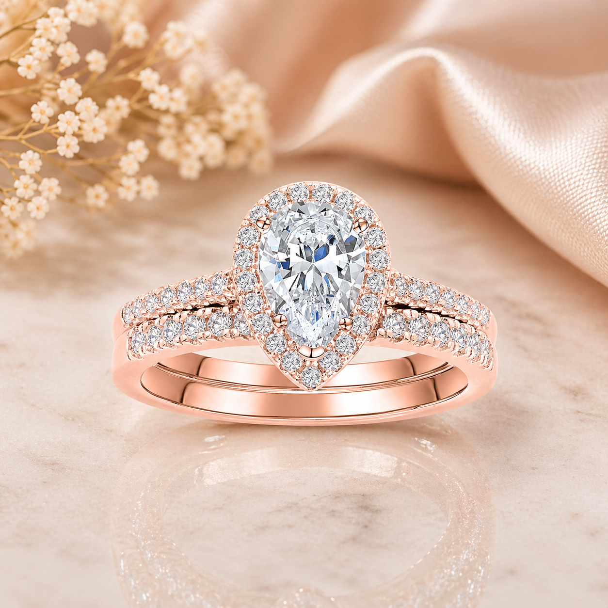 Pear Cut Halo Moissanite Ring Set
