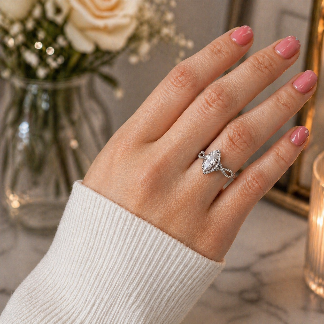 Twisted Marquise Cut Halo Moissanite Ring