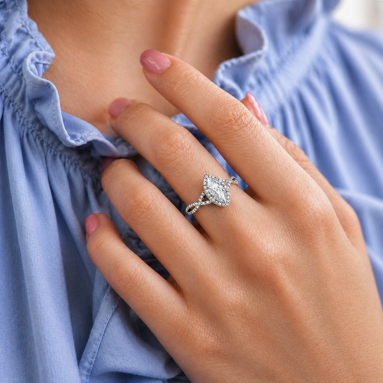 Twisted Marquise Cut Halo Moissanite Ring