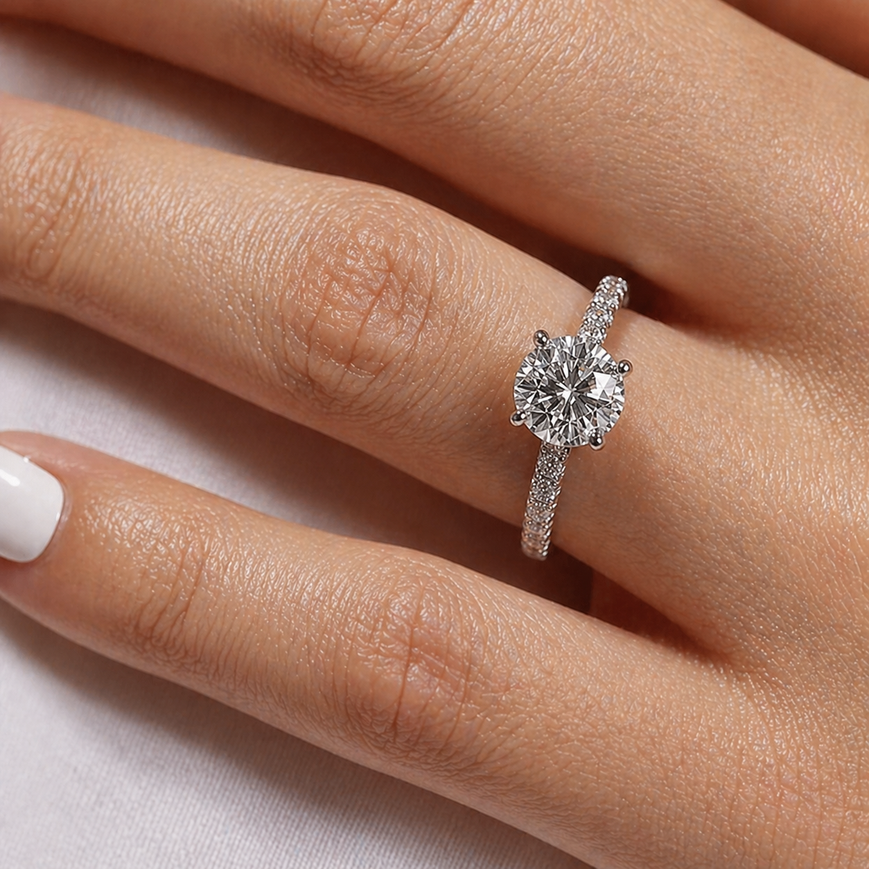 Round Cut Moissanite Ring with Pavé Band