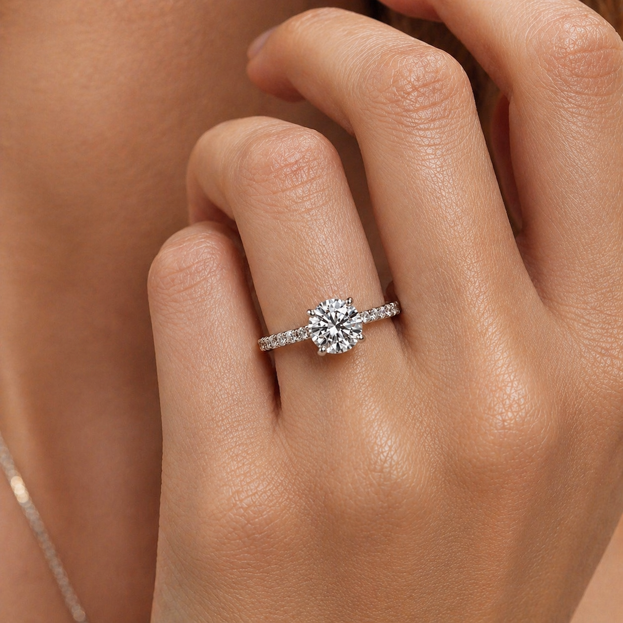 Round Cut Moissanite Ring with Pavé Band