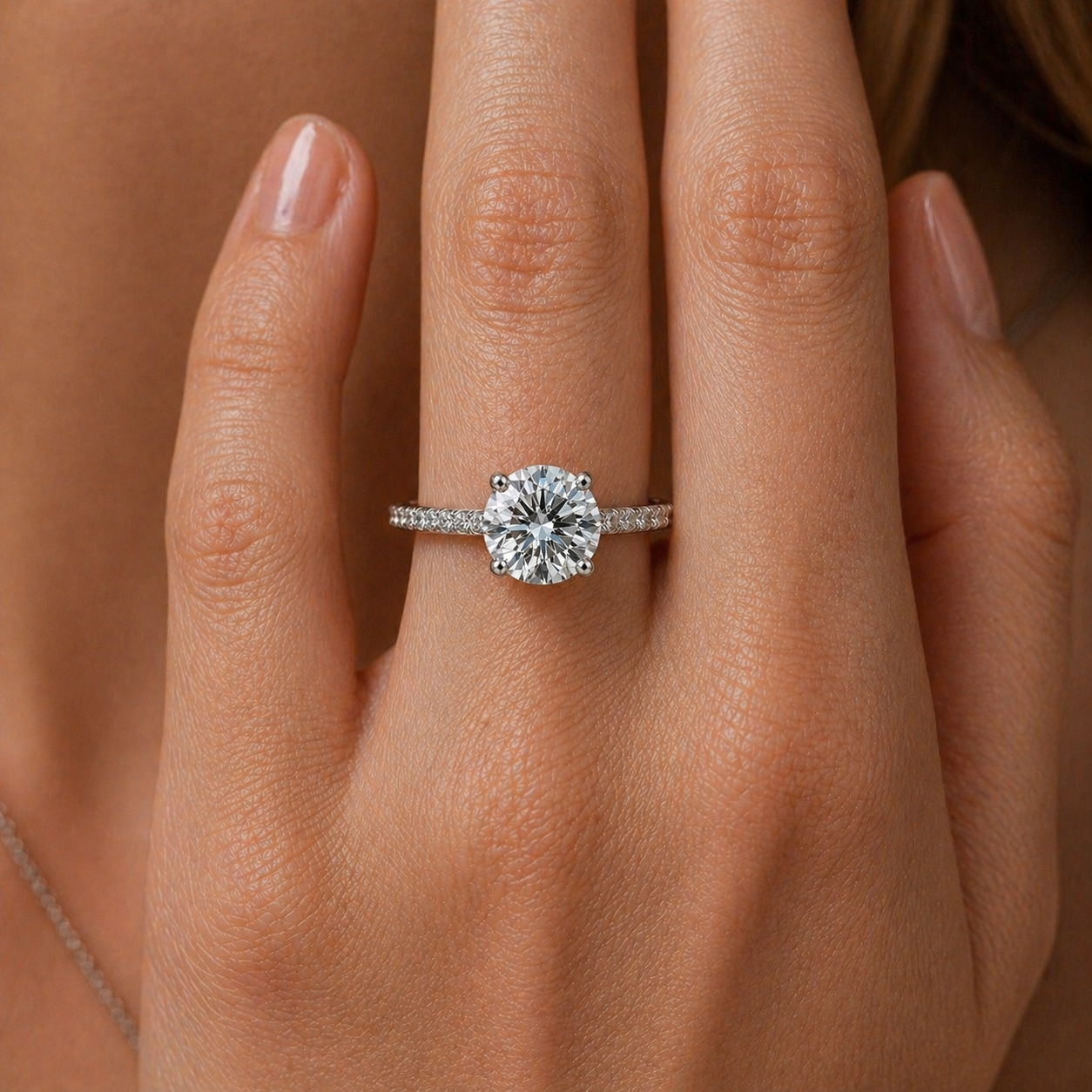 Round Cut Moissanite Ring with Pavé Band