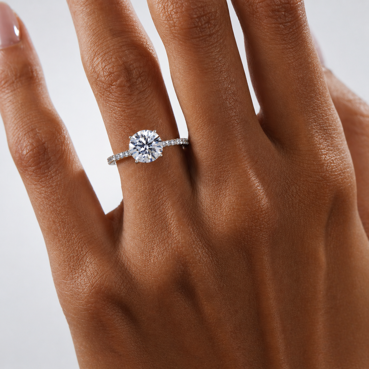 Round Cut Moissanite Ring with Pavé Band