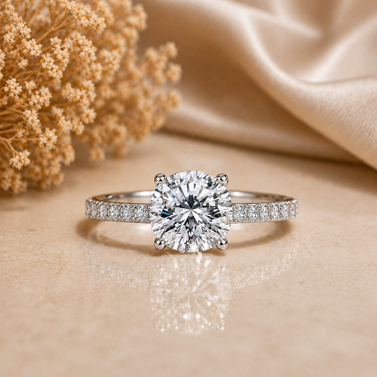Round Cut Moissanite Ring with Pavé Band